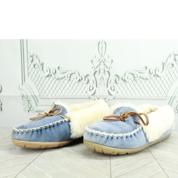 LL Bean Blue Suede Wicked Good Shearling Lined Moccasin Slippers Size 8 M - Picture 2 of 9
